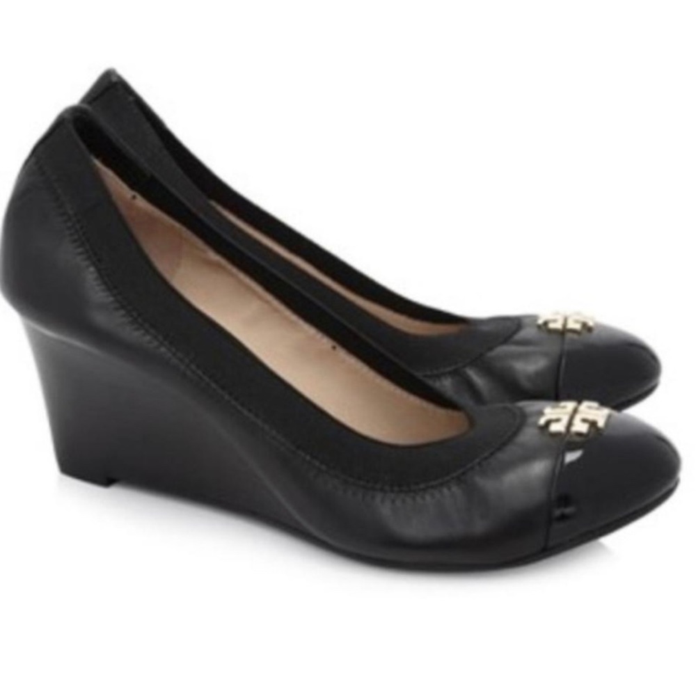 Tory Burch Black Toe Cap Jolie Wedge Pumps Size 9